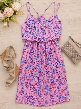 My Story Pink Floral Midi Dress with Blue Floral Print